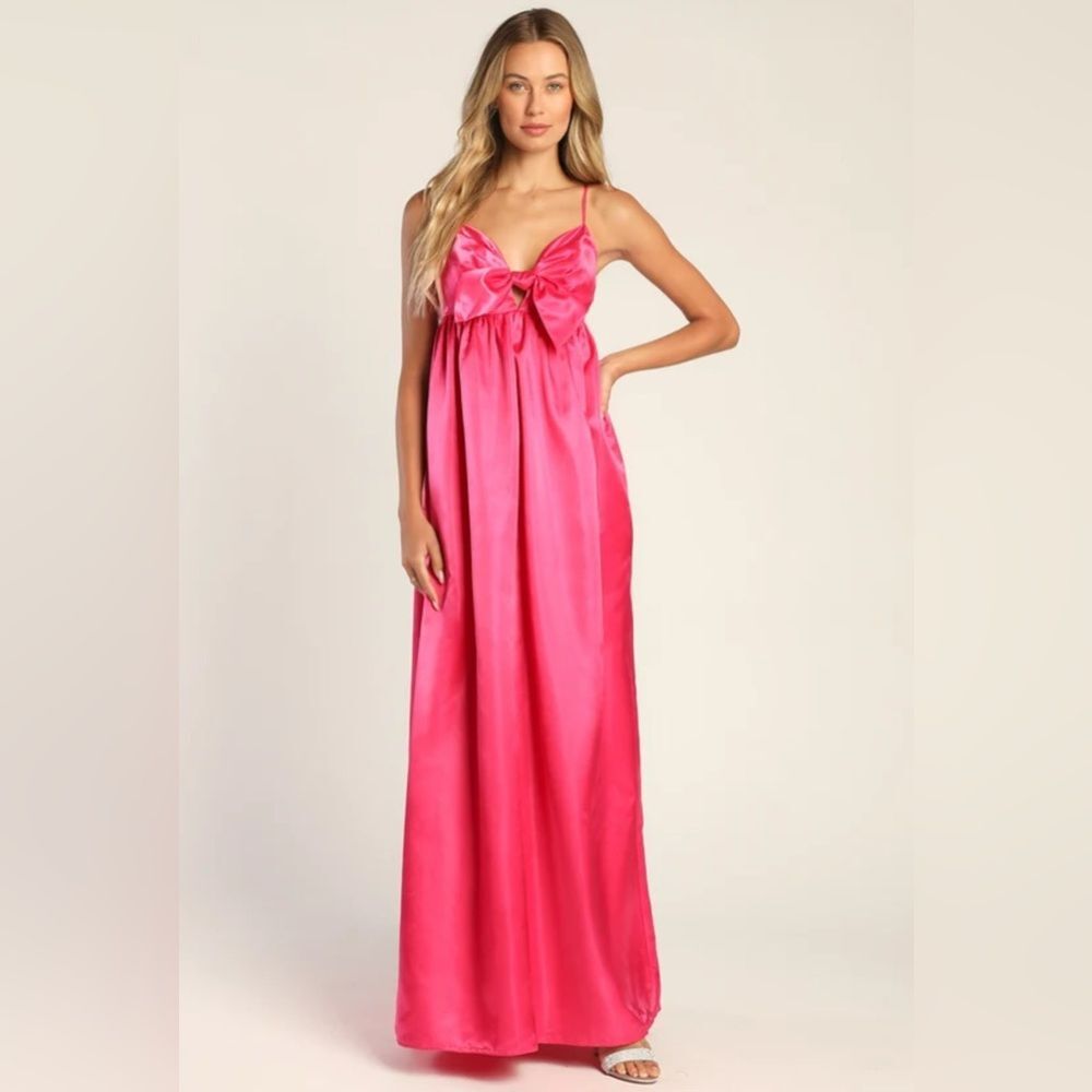 Lulus Flirting with Fab Pink Satin Babydoll Maxi Dress Pockets Size XS